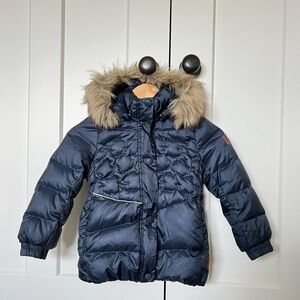 Kids Navy Puffer Jacket with Faux Fur Hood